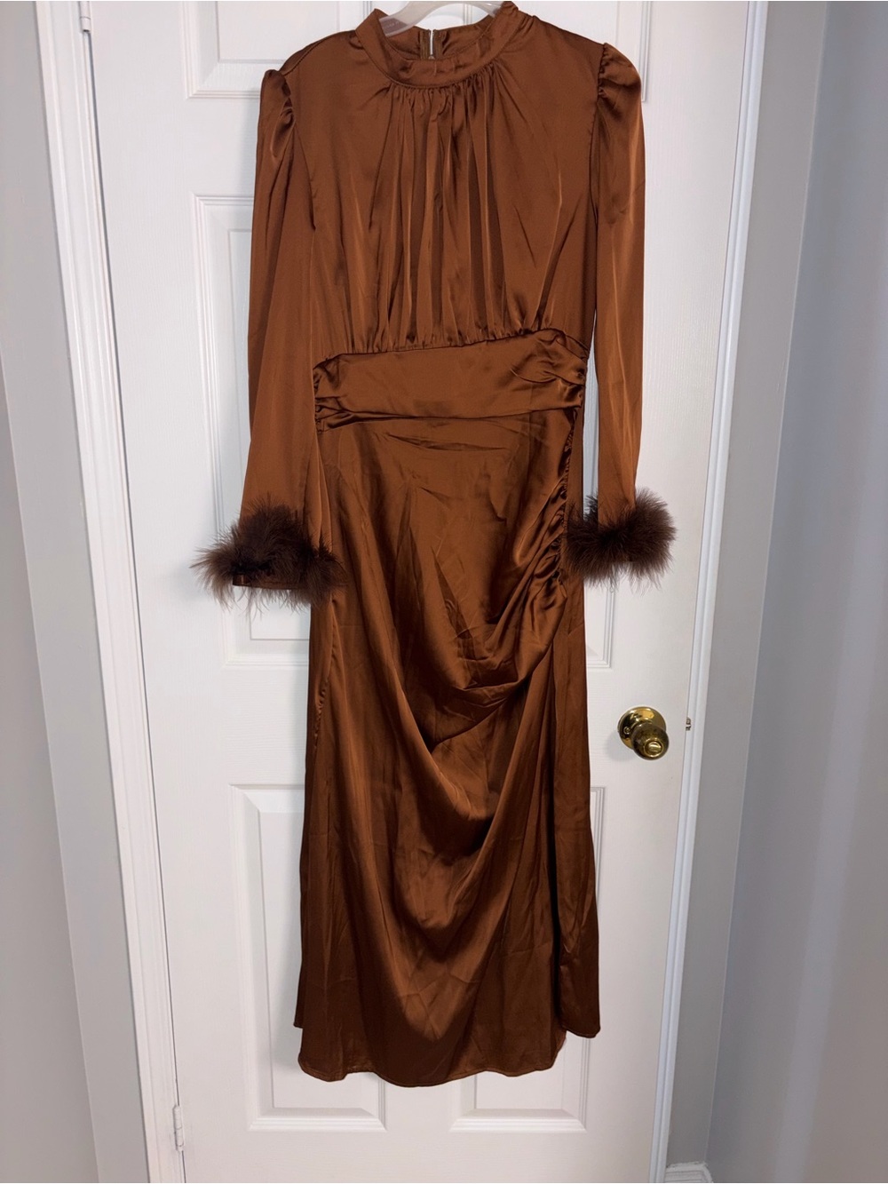Brown Satin Long-Sleeve Dress with Fur Cuffs, Size M